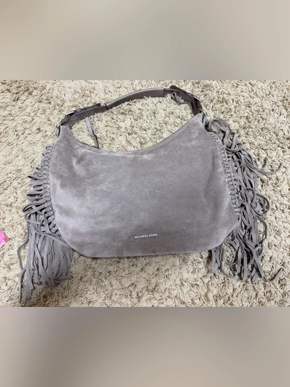 Michael Kors Women's Billy Grey Suede Leather Fringe Shoulder Bag